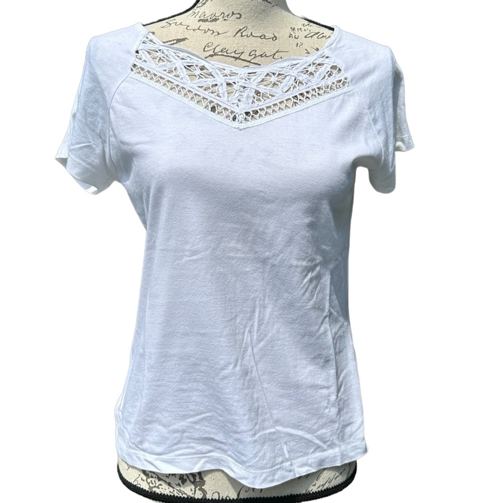 Talbots Lace Neck Short Sleeve Tee Shirt size Petite Small
